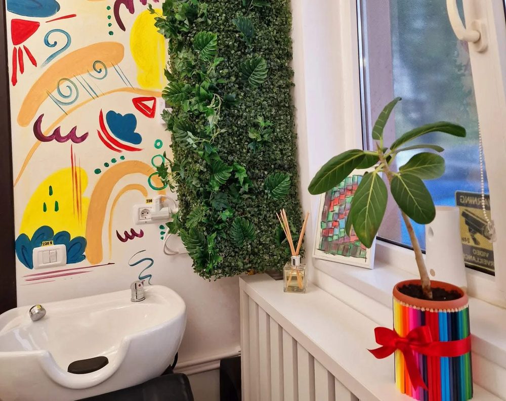 Peretele pictat, cu plante verzi și un ghiveci îmbrăcat în creioane colorate